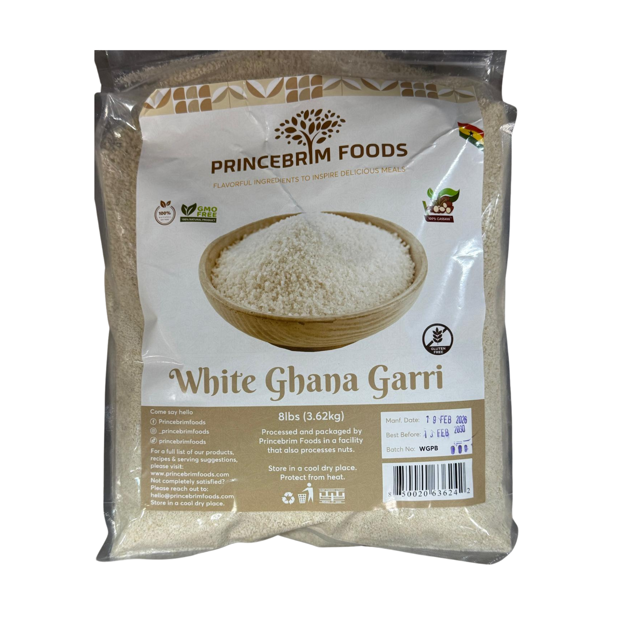Princebrim Foods White Ghana Garri 8 lbs (3.62 kg) – Premium Cassava Flakes | GMO-Free & Gluten-Free | Eba & Soaking Garri