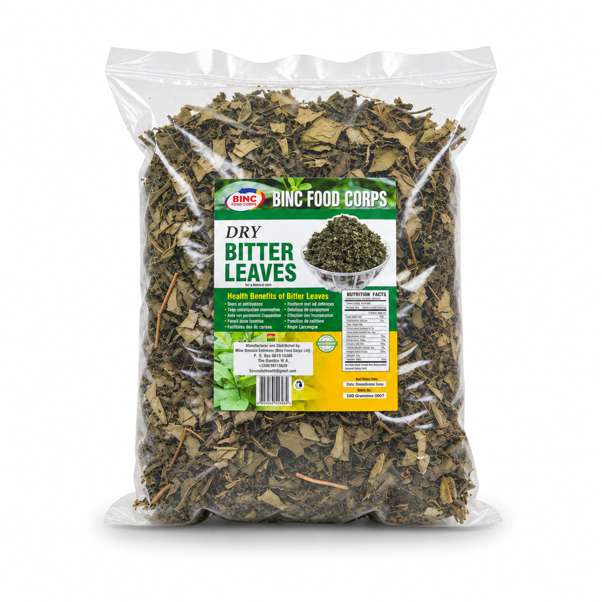 BINC Dried Bitter Leaves for African Soups — 100 g on a white background