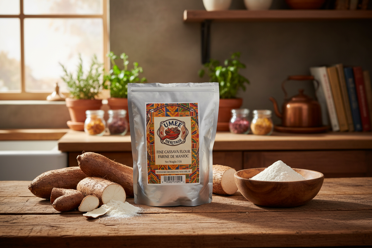 Umee Heritage Fine Cassava Flour styled in a gourmet kitchen with cassava roots and wooden bowl