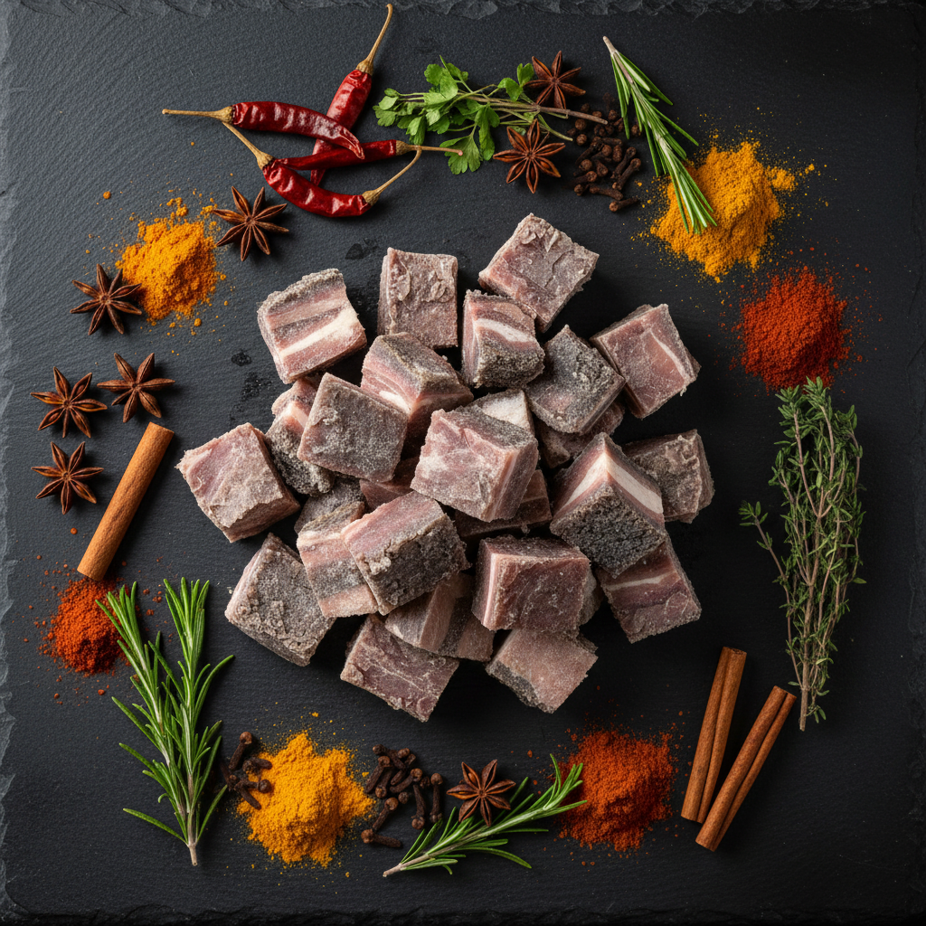 Umee Heritage Beef Chain Tripe flat lay with African spices – social media post