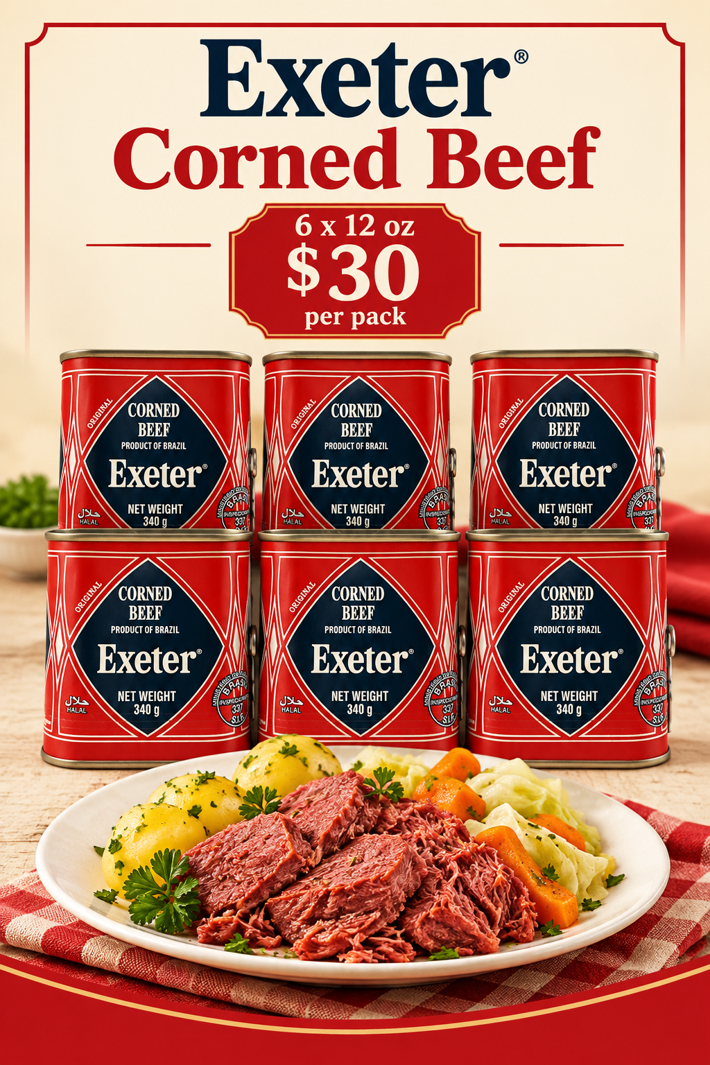 Exeter Corned Beef social media promotion for six 12 oz cans at $30