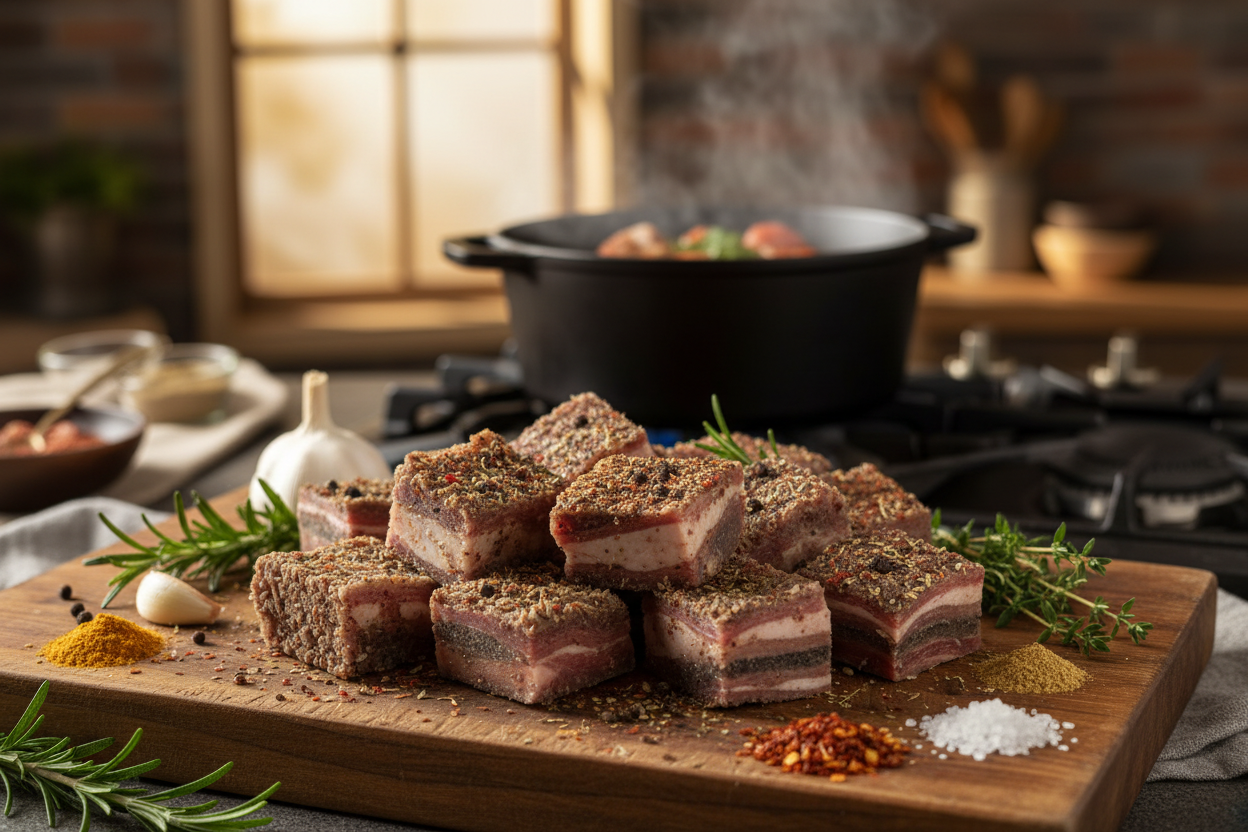 Umee Heritage Beef Chain Tripe on rustic cutting board with herbs and spices