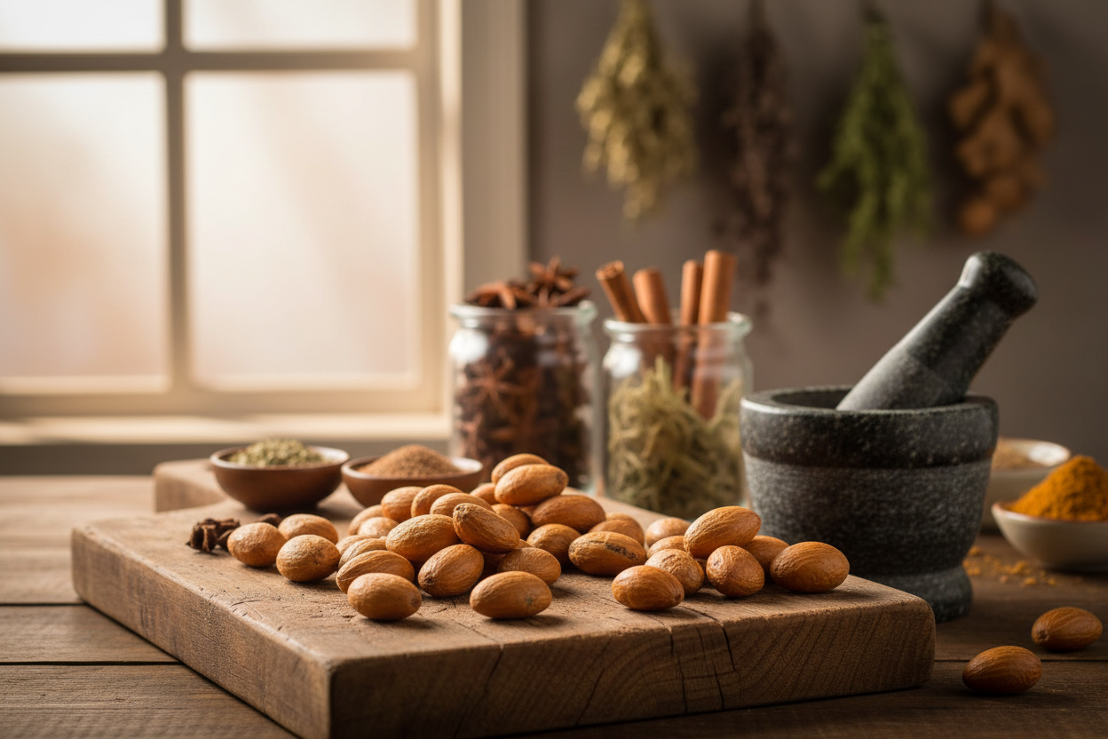 Bitter Kola seeds on rustic wooden board in gourmet kitchen setting