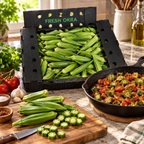 Fresh okra box beside an okra and tomato skillet in a gourmet kitchen