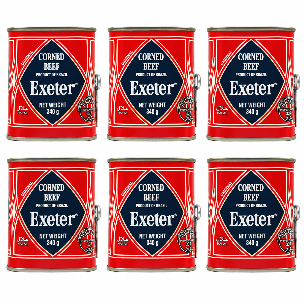 Exeter Corned Beef six-pack on a clean white background
