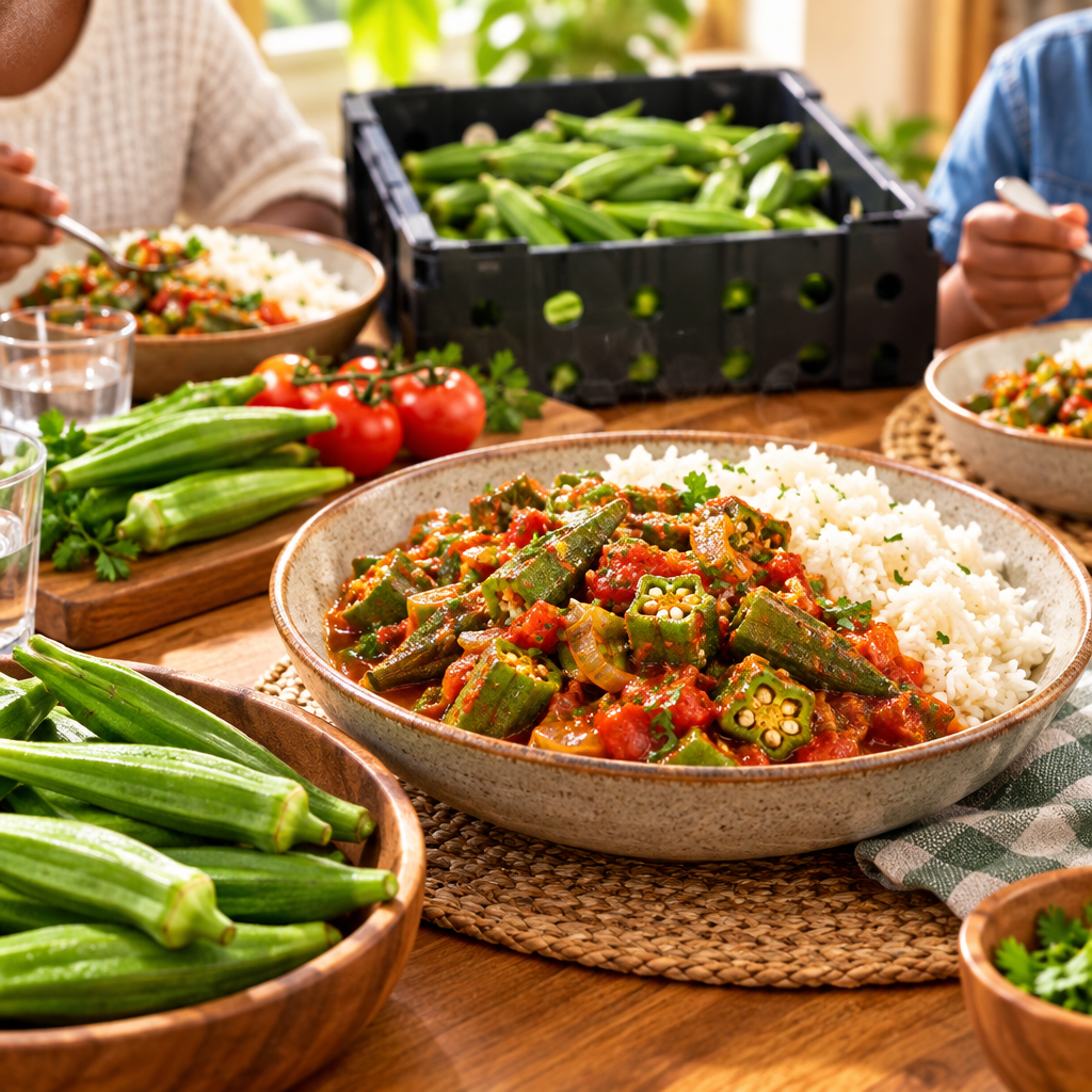 Okra stew served with rice at a welcoming family-style table