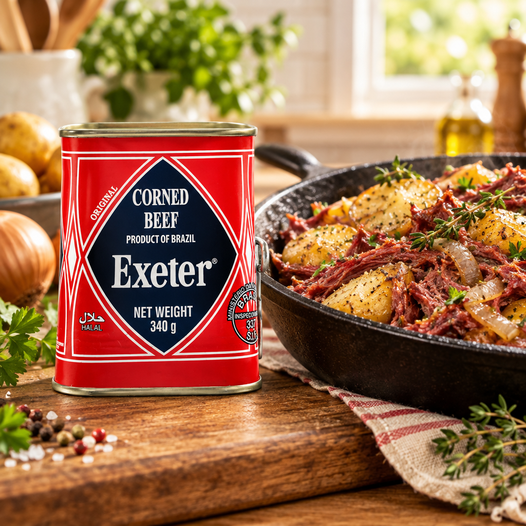 Exeter Corned Beef with a corned beef and potato skillet in a gourmet kitchen