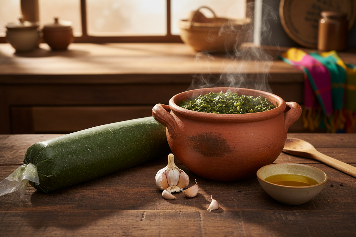 Frozen cassava leaves styled in a gourmet African kitchen setting