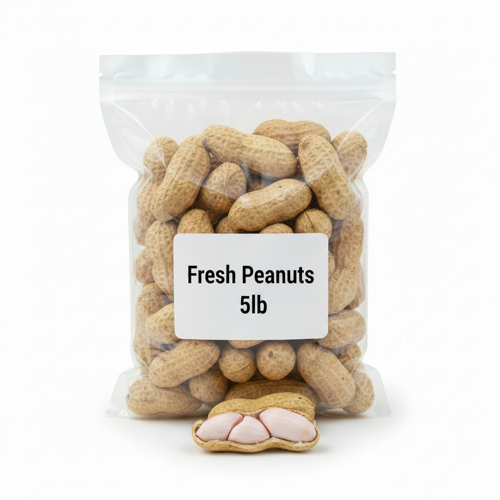 Fresh raw peanuts in a sealed clear plastic bag on white background