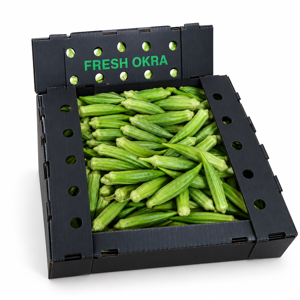 Fresh whole green okra in a black produce box on a white background