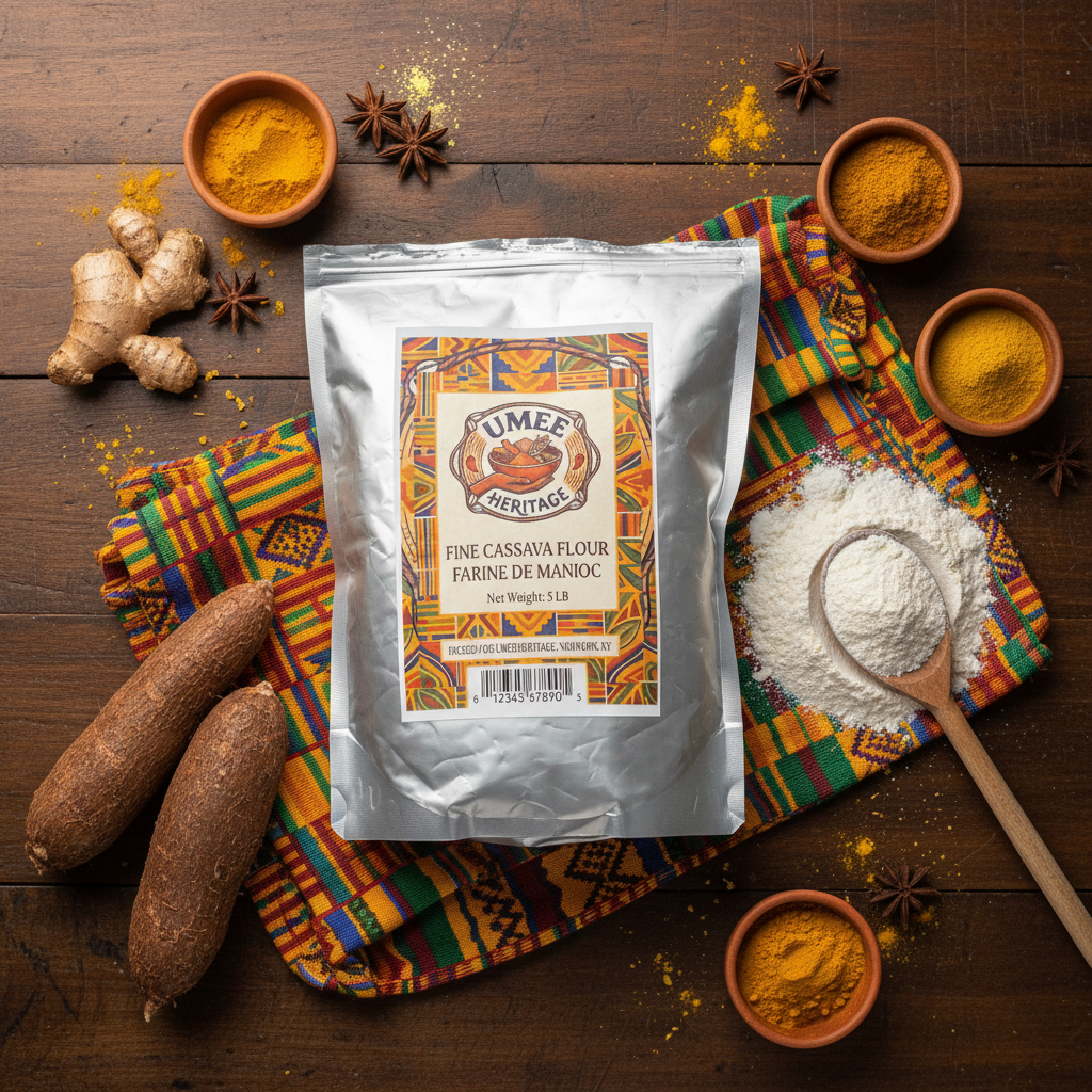 Umee Heritage Fine Cassava Flour flat lay with African kente fabric and golden spices for social media