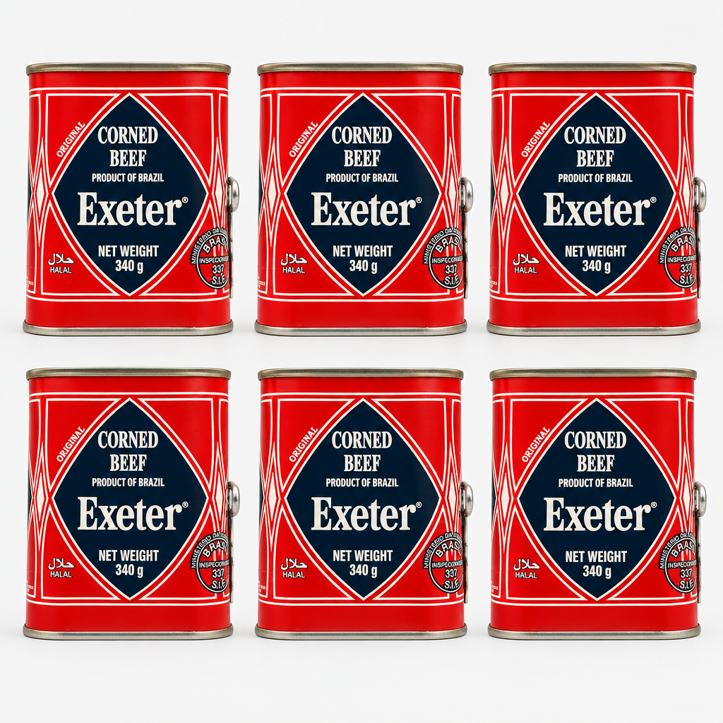 Six Exeter Corned Beef cans arranged as a multipack