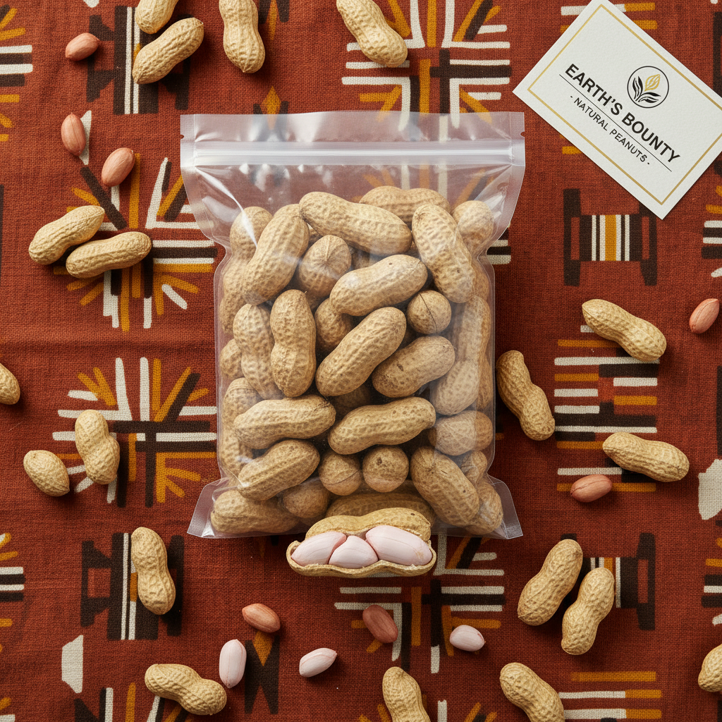 Fresh peanuts lifestyle flat lay with African heritage textile background