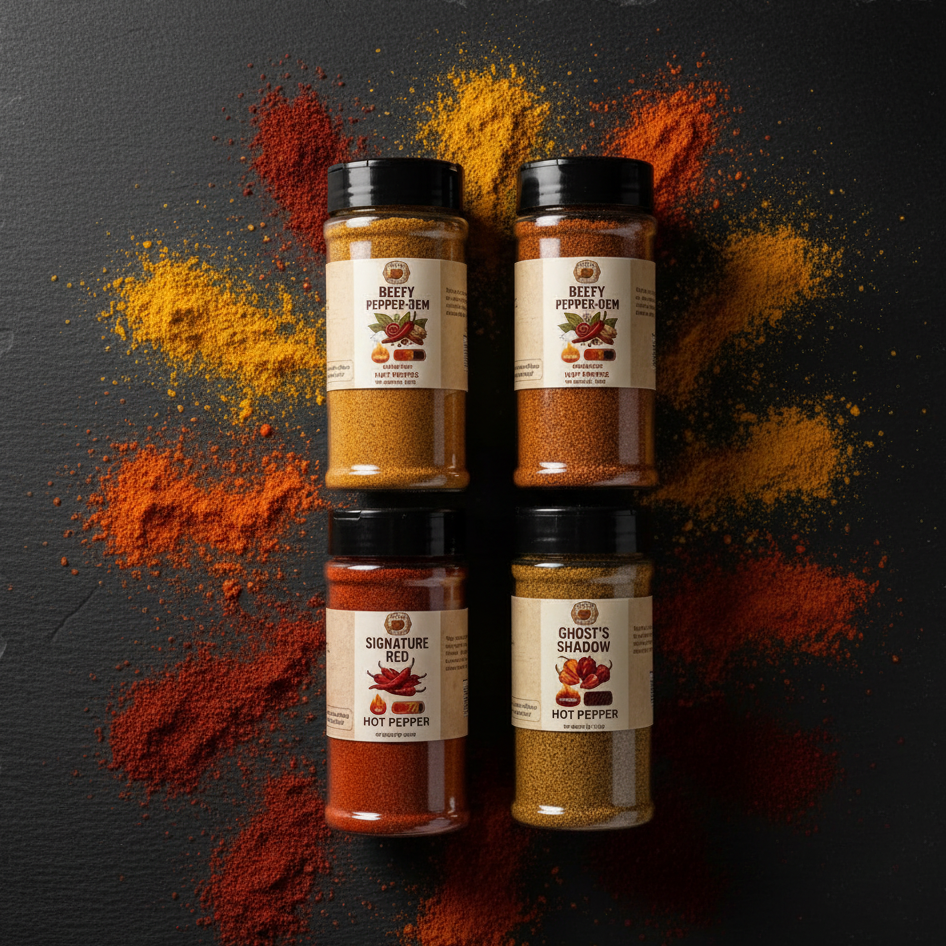 Bold overhead flat lay of Umee Heritage 4-Pack spice jars for social media