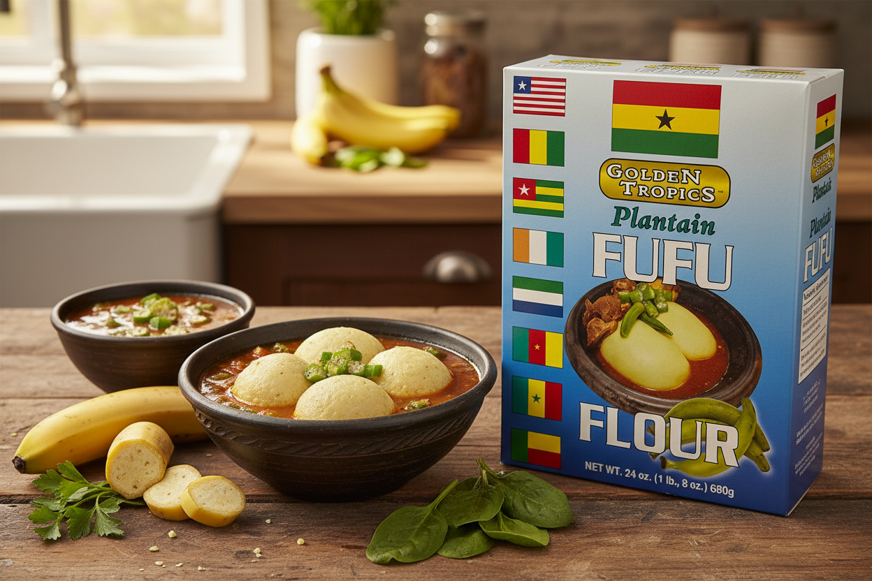 Golden Tropics Plantain Fufu Flour – gourmet kitchen setting