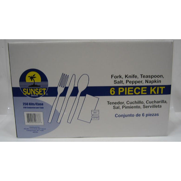 Sunset - 6 Piece Wrapped Cutlery Set (fork, knife, napkin, teaspoon, Salt & Pepper) - 250 Count