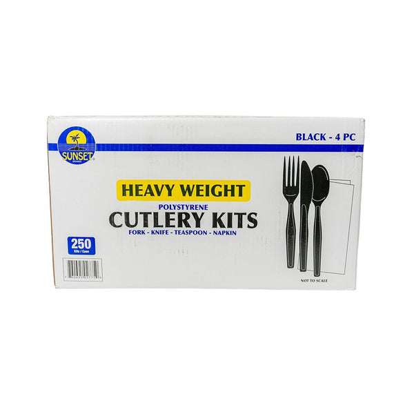 Sunset - Deluxe Wrapped Heavy Weight Black Cutlery Kit (Fork, Knife, Teaspoon, Napkin) - 250 Count