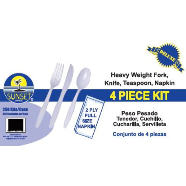 Sunset - 4 - Piece Wrapped Heavy Weight White Cutlery Kit (Fork, Knife, Teaspoon, Napkin) - 250 Count