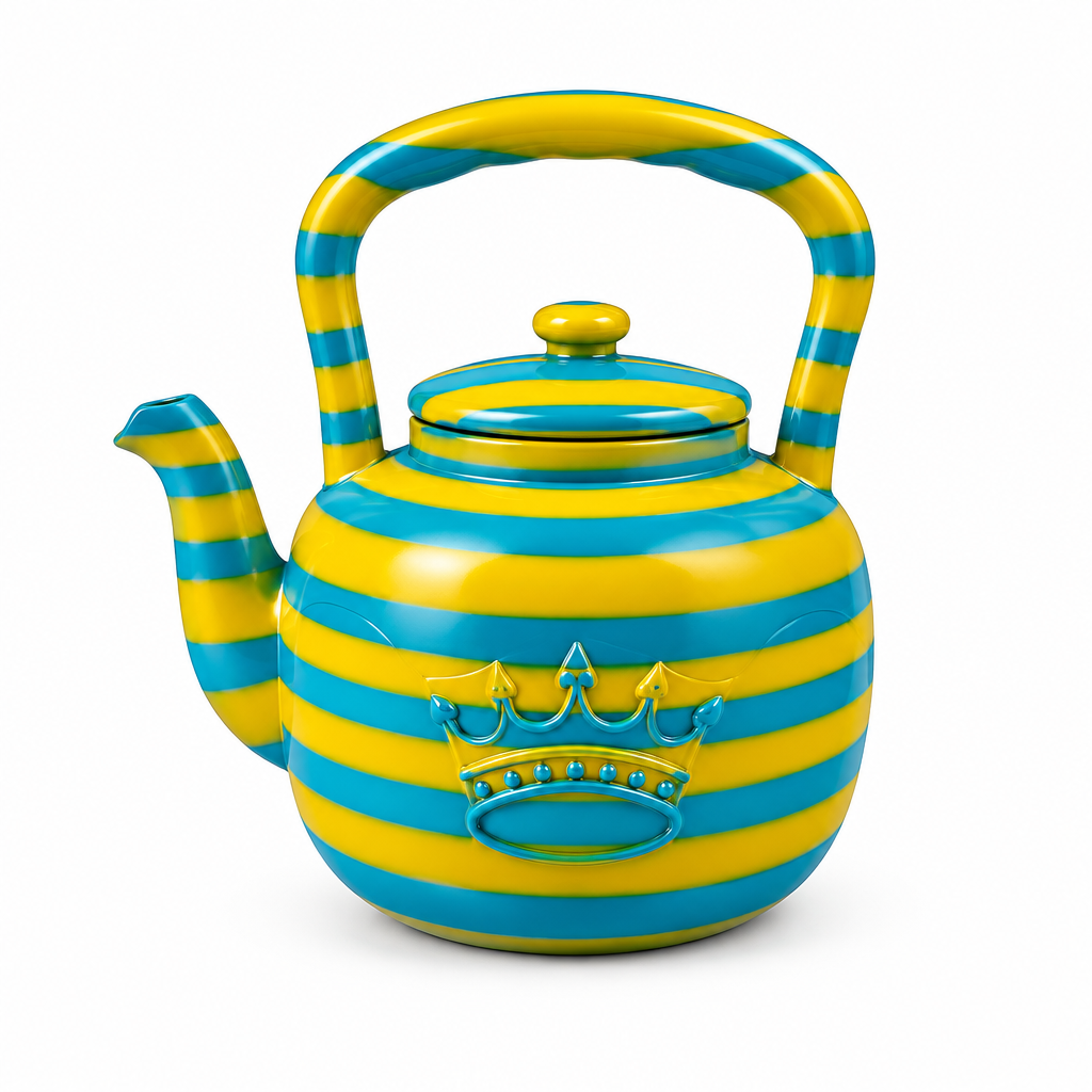 Large yellow and turquoise striped Tassalet kettle with lid