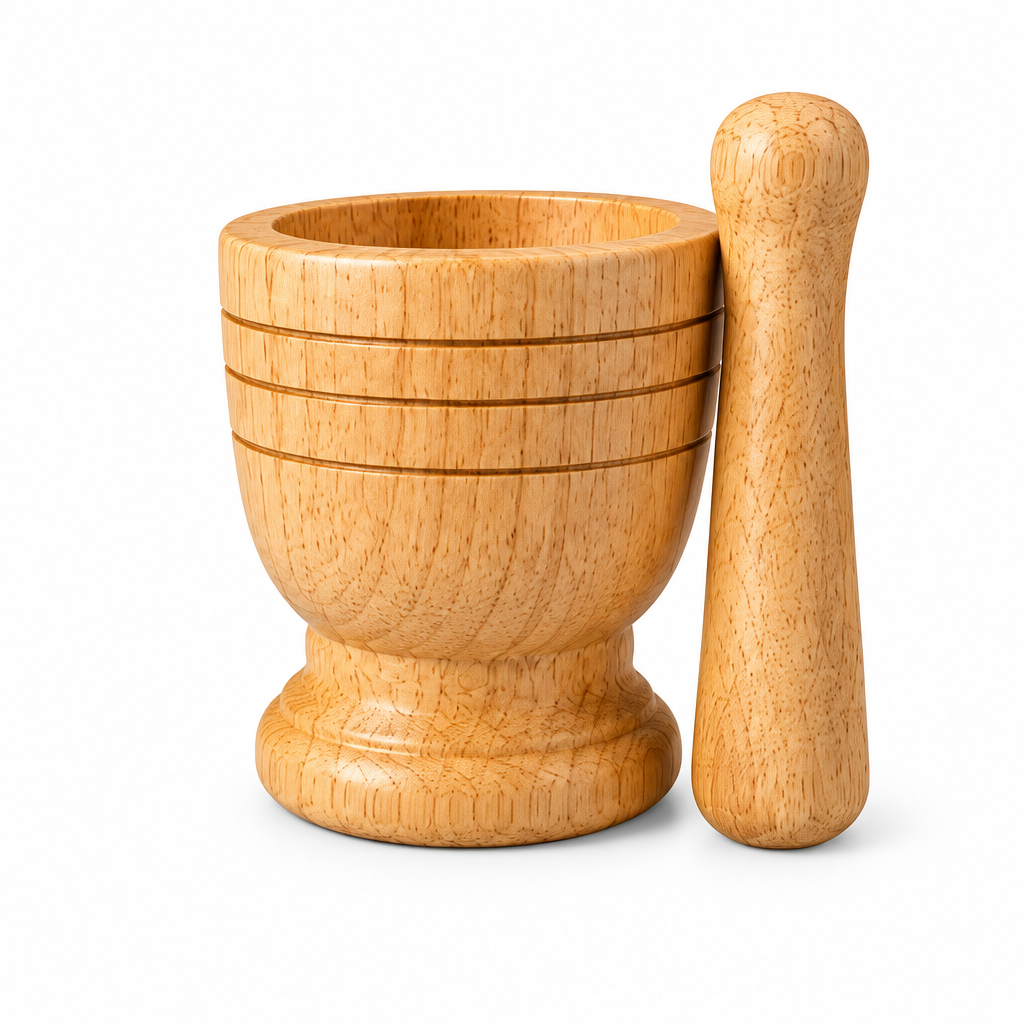 Wide shallow wooden mortar and matching pestle